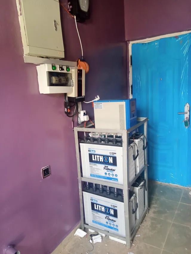 Lithium battery set beside a blue door