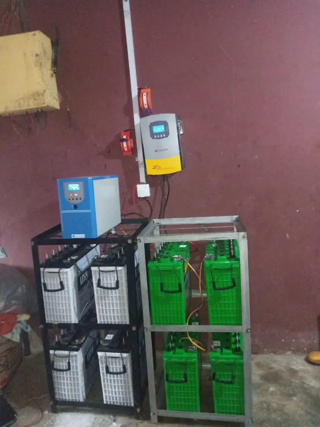Inverter with green tubular batteries on a rack